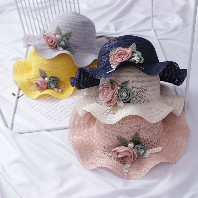 topi pantai anak jerami bunga/topi pantai anak/topi pantai jerami/topi jerami/topi/topi jerami impor