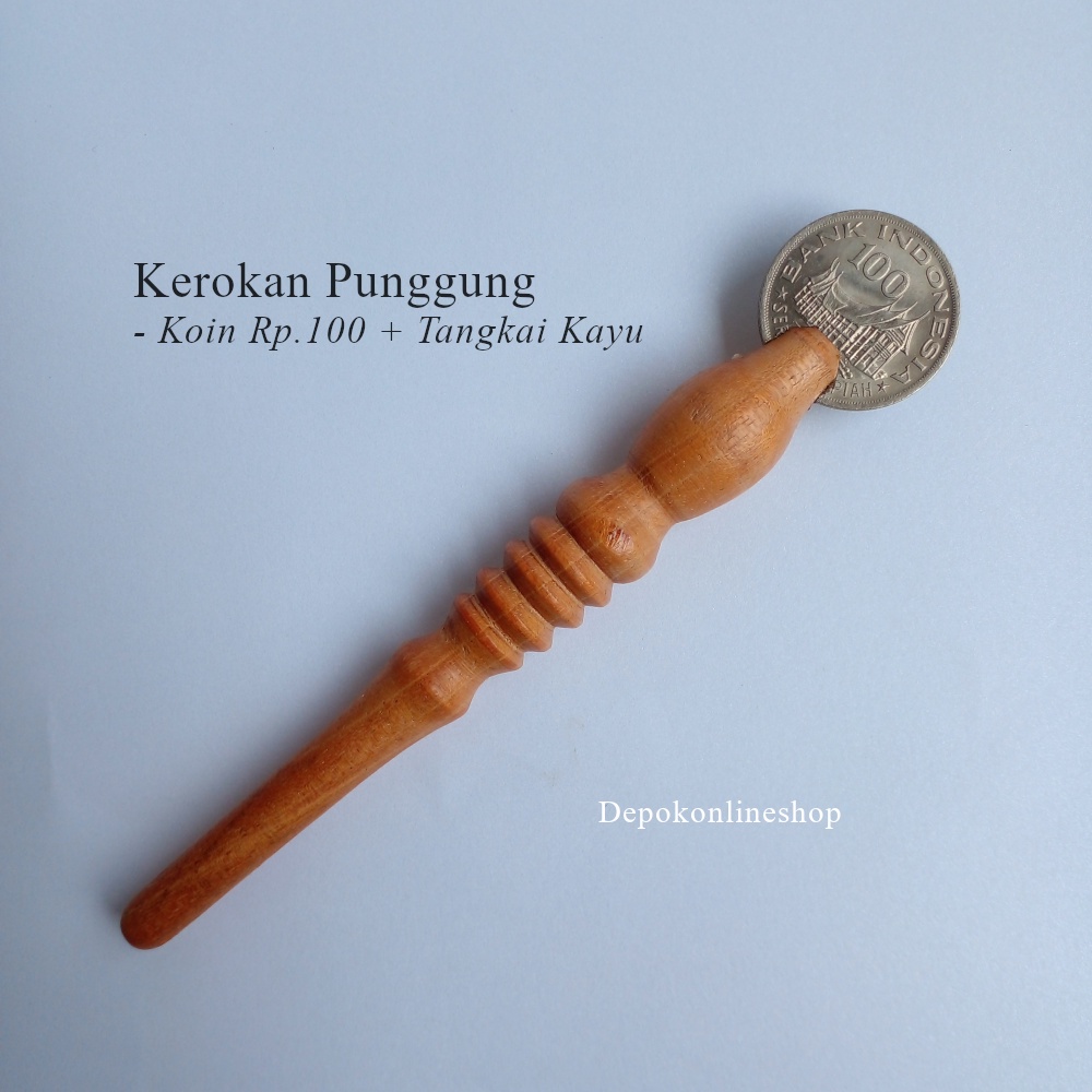 Alat Kerokan Badan Koin Uang Rp.100 Jadul Logam Kerikan Punggung Masuk Angin Kerok Pegangan Kayu