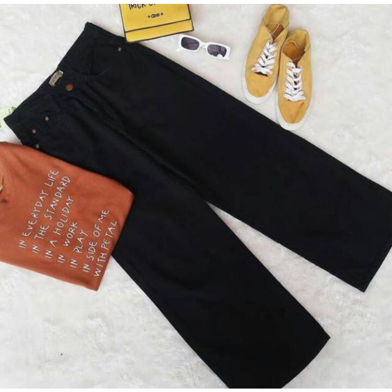 celana kulot Lipat haigwaist boyfriend jeans tebal warna Hitam Pekat dan tersedia ukuran 27-30