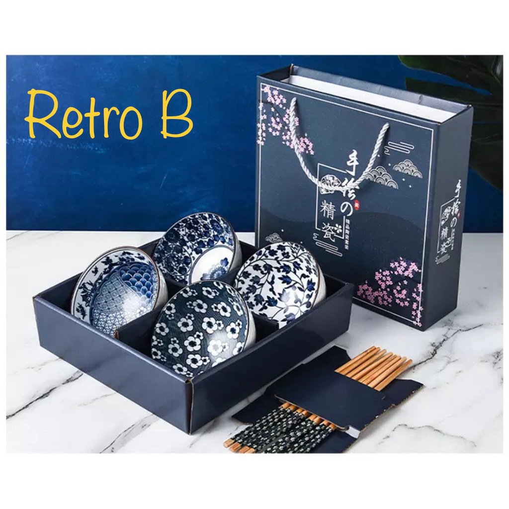 japanese retro style ceramic bowl gift box set free chopstick / hampers alat makan mangkok keramik set sumpit