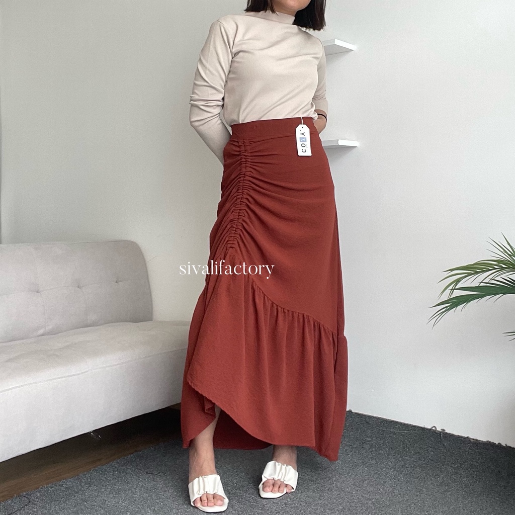 SIVALI Abigail Skirt - Rok Serut Casual Flowy - Rok Wanita Korean Look - Midi Maxi Ruched Skirt