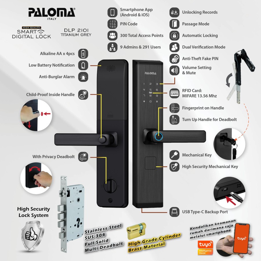 PALOMA SMART DIGITAL LOCK DLP 2101 HANDLE PINTU DIGITAL FINGER PRINT PASSWORD