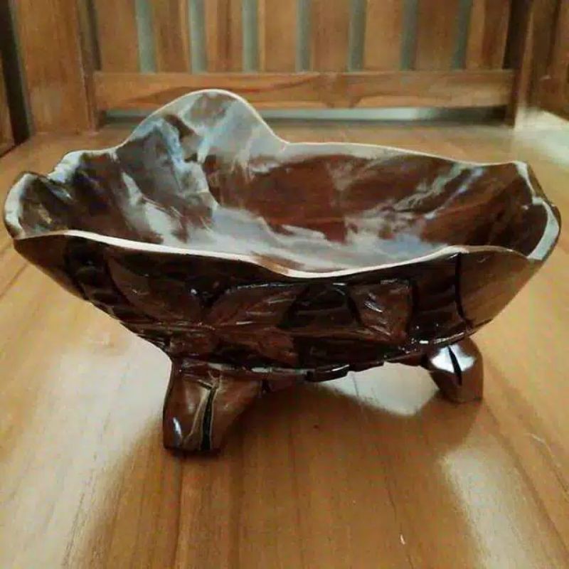 TEMPAT BUAH BENTUK MANGKOK UKIR BUNGA BAHAN AKAR KAYU JATI