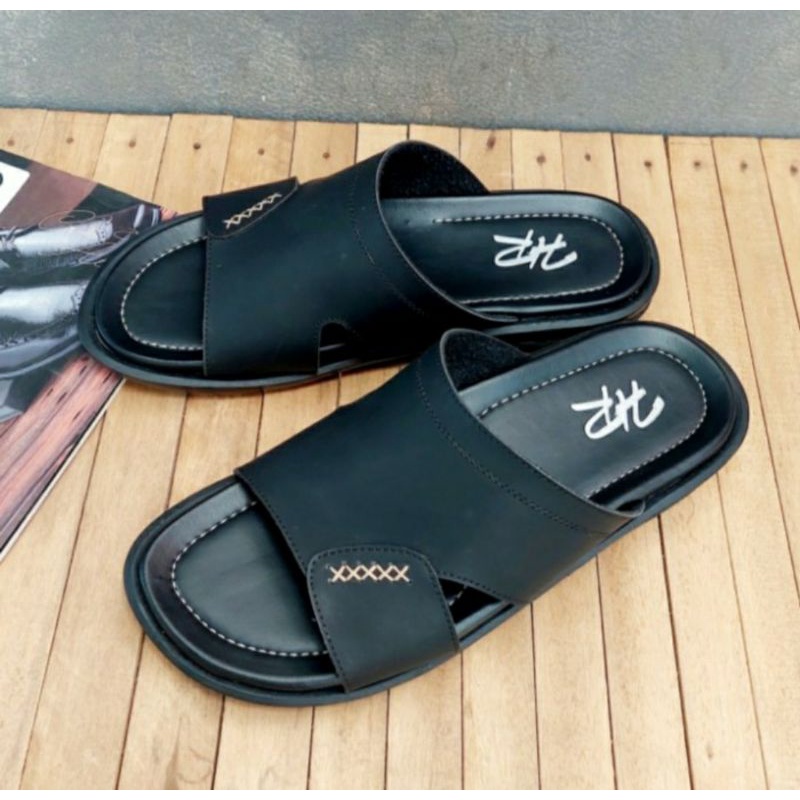 IMPOR / Sendal Slide Kulit Original Black 38-44 Sandal Kasual Bapak2 Empuk Asli Garut Brown, 43