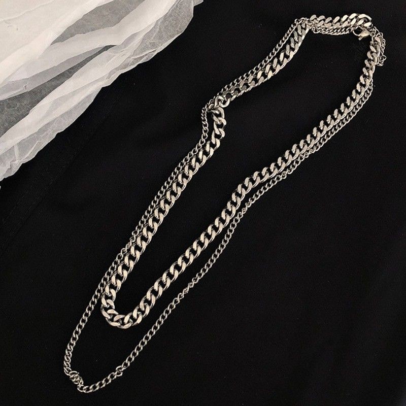 Kalung Double Layer Rantai Silver Polos Plain Silver Chain Multilayer Necklace Gaya Punk Korea