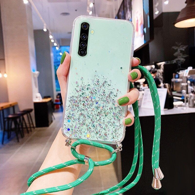 Casing Softcase  Transparan Aksen Glitter Dengan Tali Lanyard oppo f1s/a59 a5/a9 a3s/a5 a1k dll