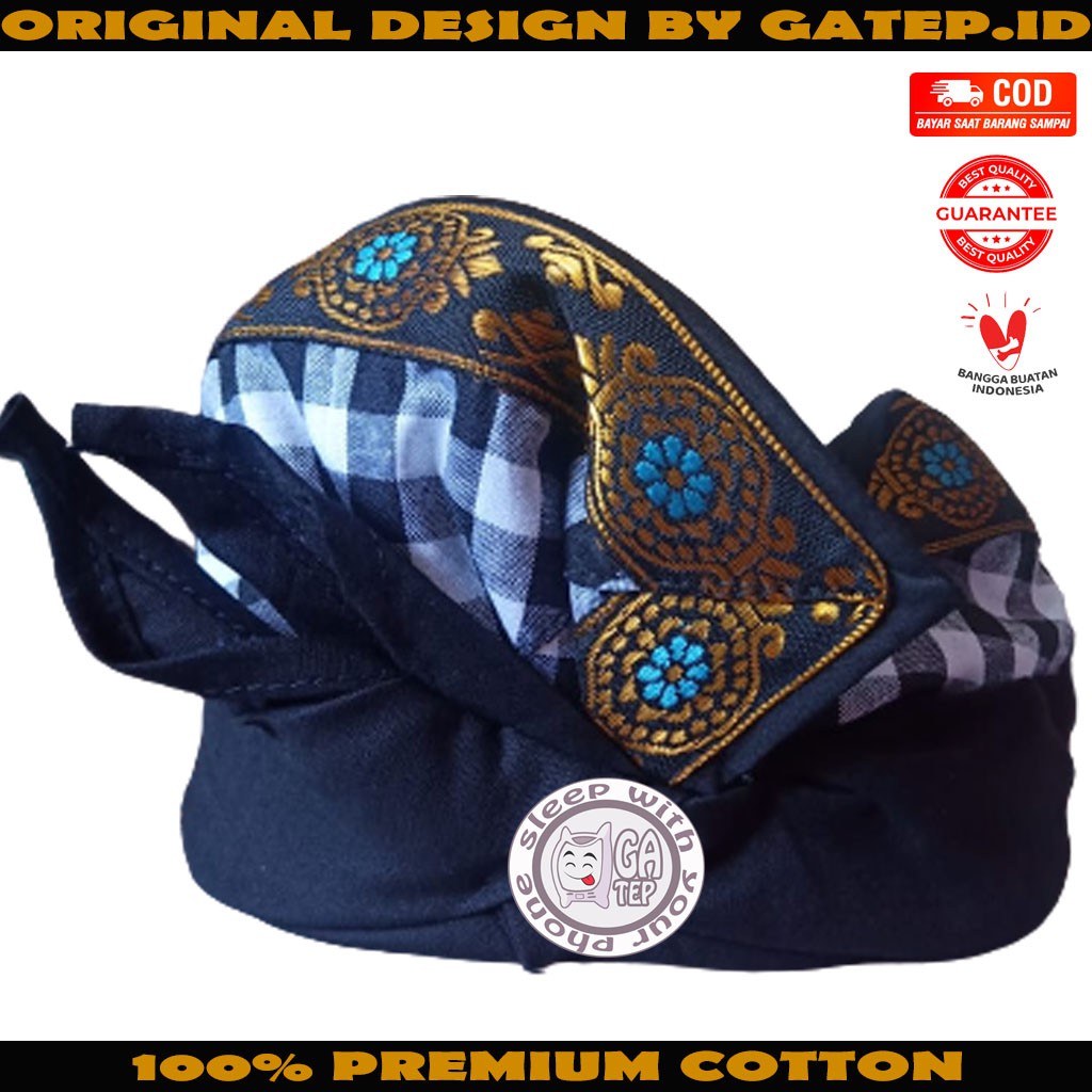 Udeng Bali Hitam Polos Poleng Kotak Kotak Kombinasi Setengah Jadi - Ikat Kepala Bali - Topi Bali
