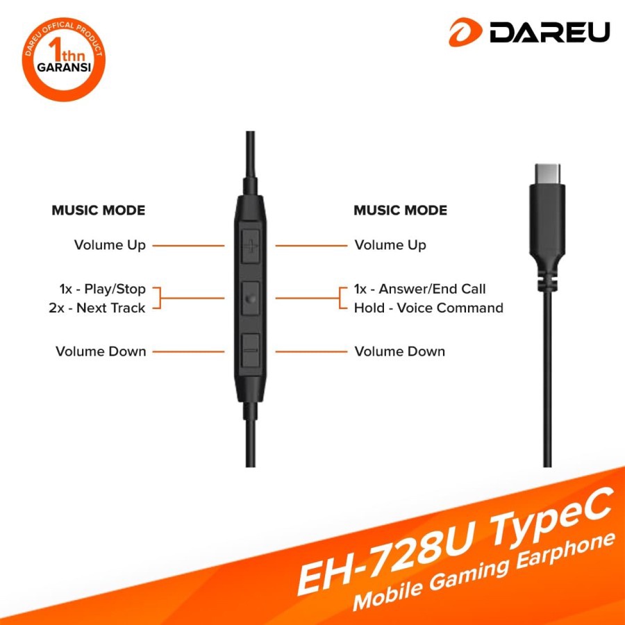 Earphone Gaming Stereo Bass DAREU EH-728U Type C EH728U
