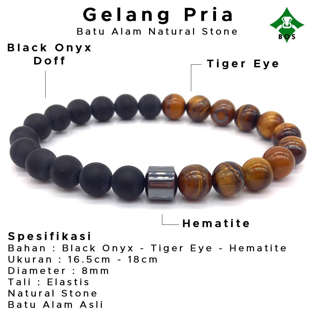 [Bayar Di Tempat] BOS Gelang Pria Kesehatan Batu Alam Tiger Eye Black Onyx Hematite Korea Akik Unik-1