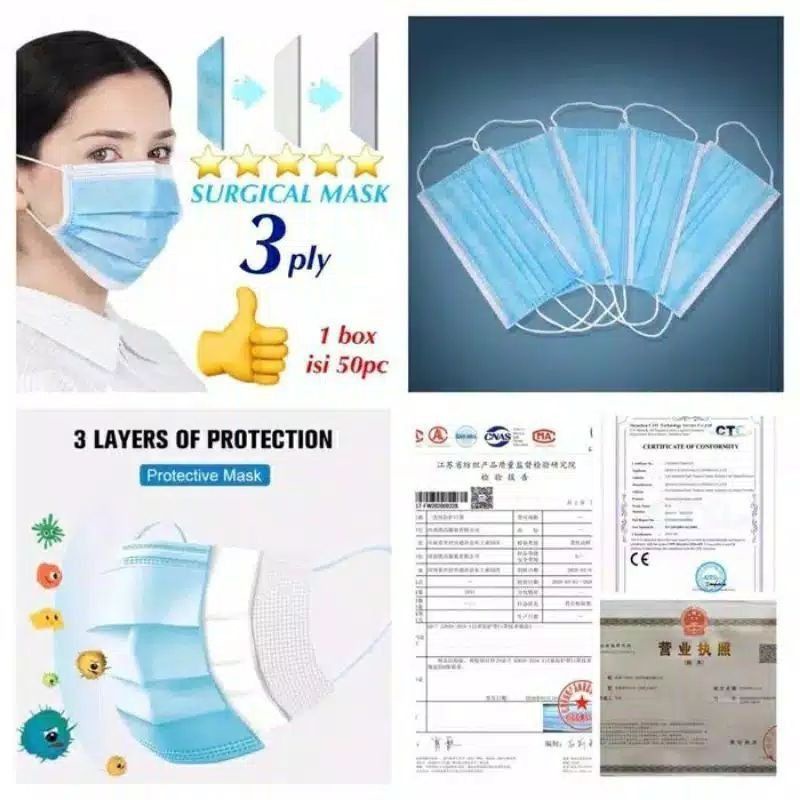 Bundara.id Pr-1381 (Box isi 50) Best seller Face Mask Kuping 3 Ply Masker anti debu