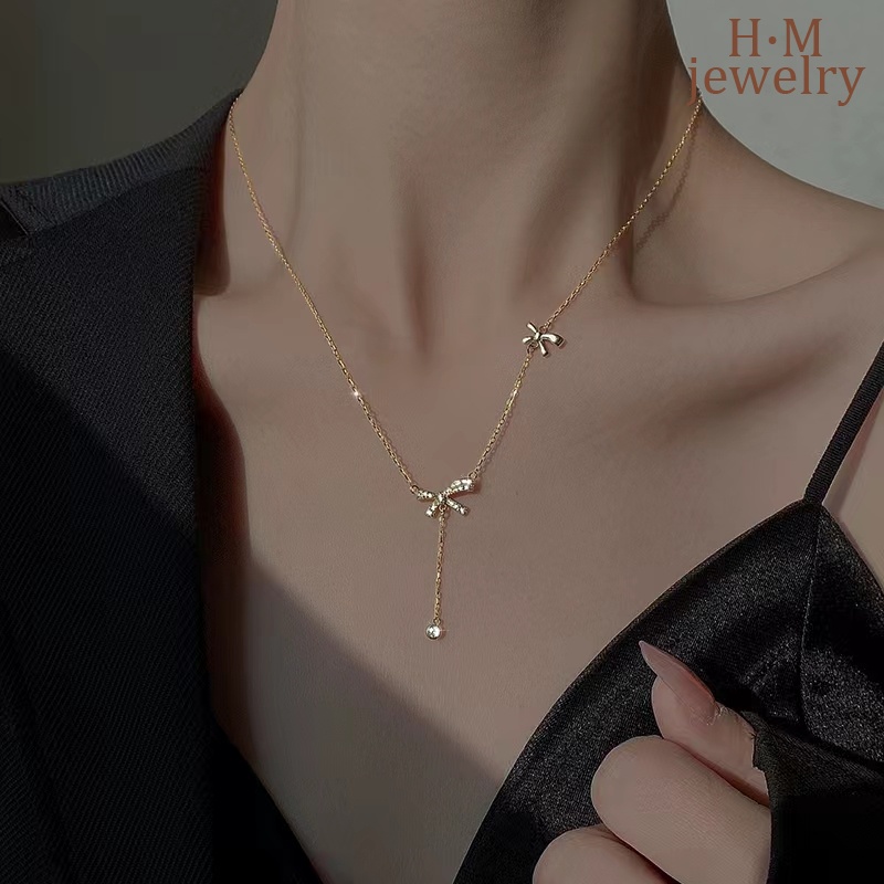 Kalung Rantai Sterling Silver 925 Dengan Liontin Pita Hias Berlian Imitasi Untuk Wanita