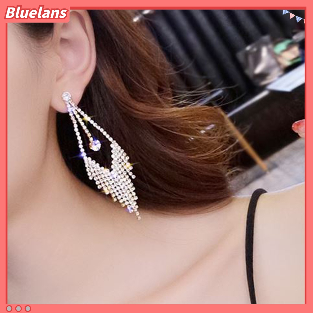 Anting Tusuk Gantung Panjang Wanita Desain Geometri Hias Berlian Imitasi + Rumbai Untuk Hadiah