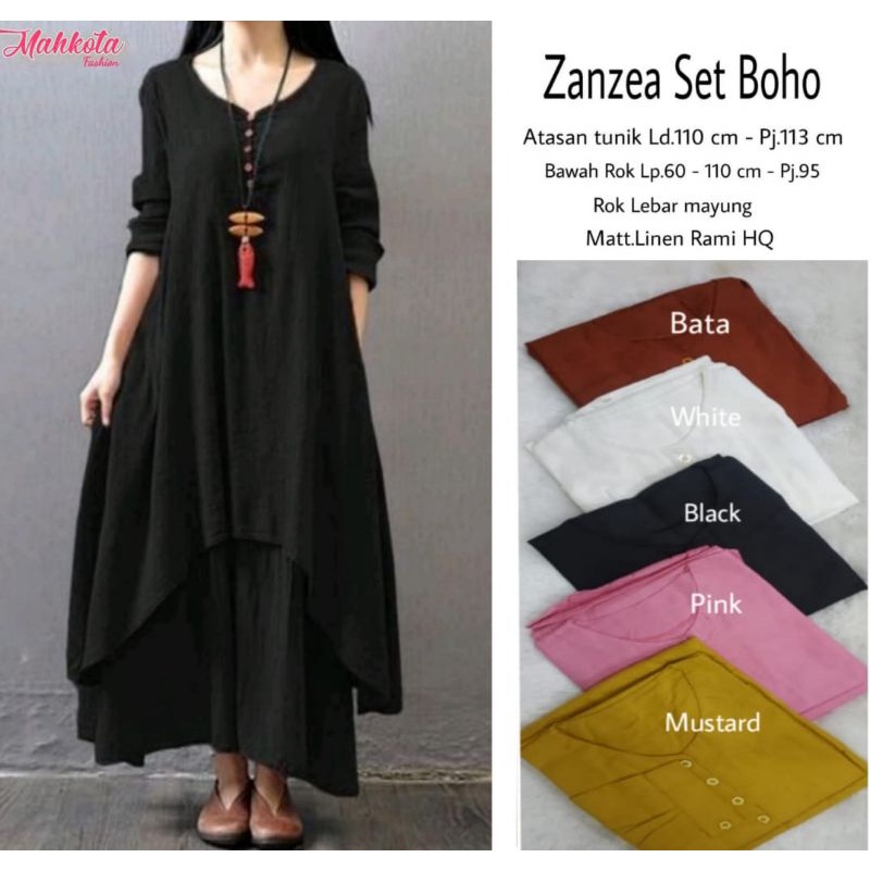 Setelan Zanzea Boho, Atasan Tunik, Rok Lebar Mayung, Linen Rami by MAHKOTA