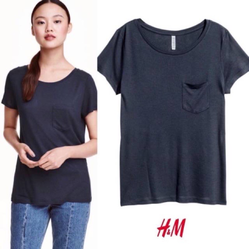 Kaos Cewe Hnm H&M Basic Pocket Tee Dark Navy Original