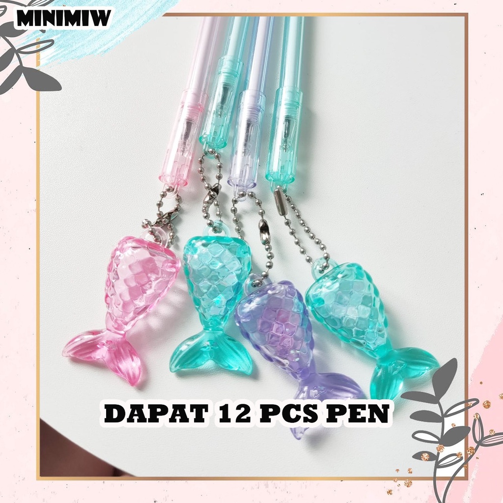 SELUSIN ISI 12 PCS PEN IKAN DUYUNG MERMAID TRANSPARAN GEL PEN BOLPEN PENA KARAKTER BOBA EKOR IKAN