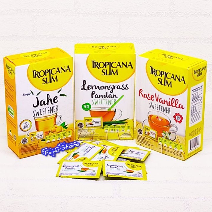 

Tropicana Slim Sweetener Rose Vanilla / Lemongrass Pandan / Jahe 50 Sachet