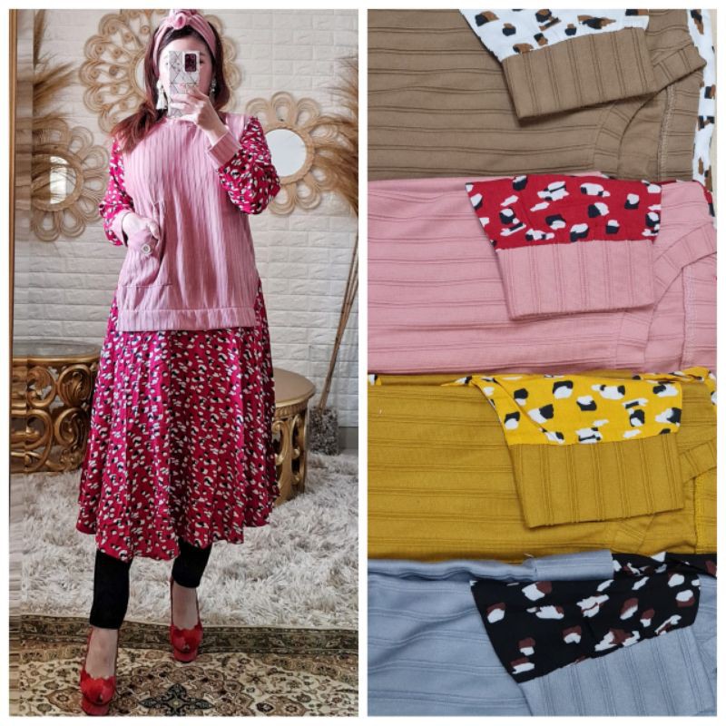 Long Tunik Rajut polos import kombinasi katun motif Bunga kecil