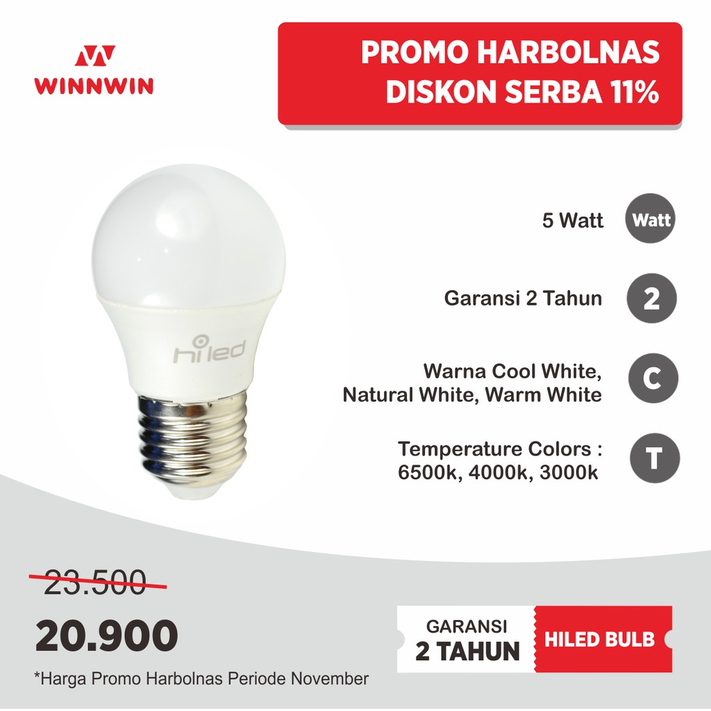 Hiled bulb / lampu bohlam LED 5watt Natural White / Warm white / E27