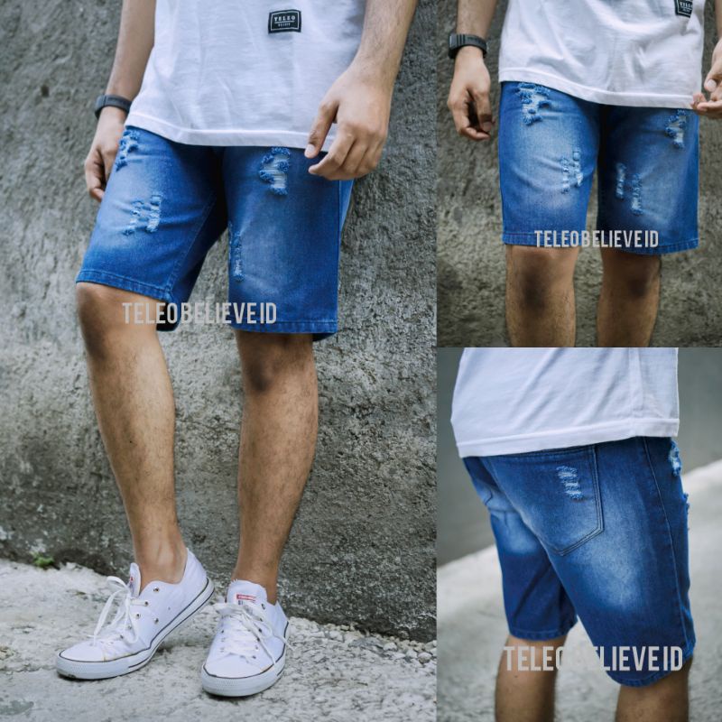 Celana Jeans Pendek Sobek Pria Wisker Jeans Pendek Ripped Robek Pria Premium Distro NEW