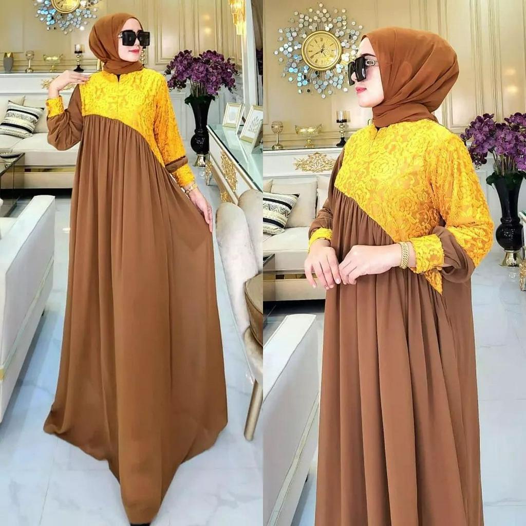 GAMIS WANITA TERBARU SHABIRA MAXY BAHAN CERUTY MIX BRUKAT LD 110 XL PJ 137 CM MAROON UKURAN M L XL XXL GAMIS WANITA TERBARU 2023 KEKINIAN DRESS WANITA FASHION MUSLIM MAXY DRESS JUMBO LD 110 CM PAKAIAN MUSLIM WANITA JUMBO