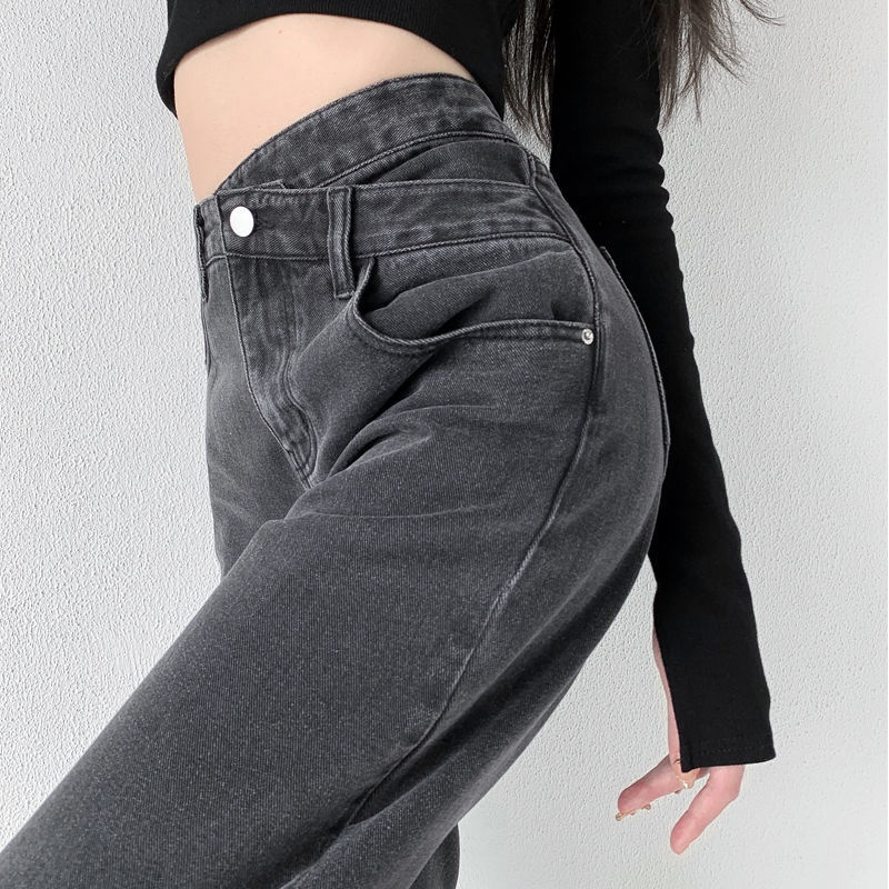 celana jeans high waist jeans biru tua wanita longgar ukuran besar pinggang tinggi lebar kaki mengep