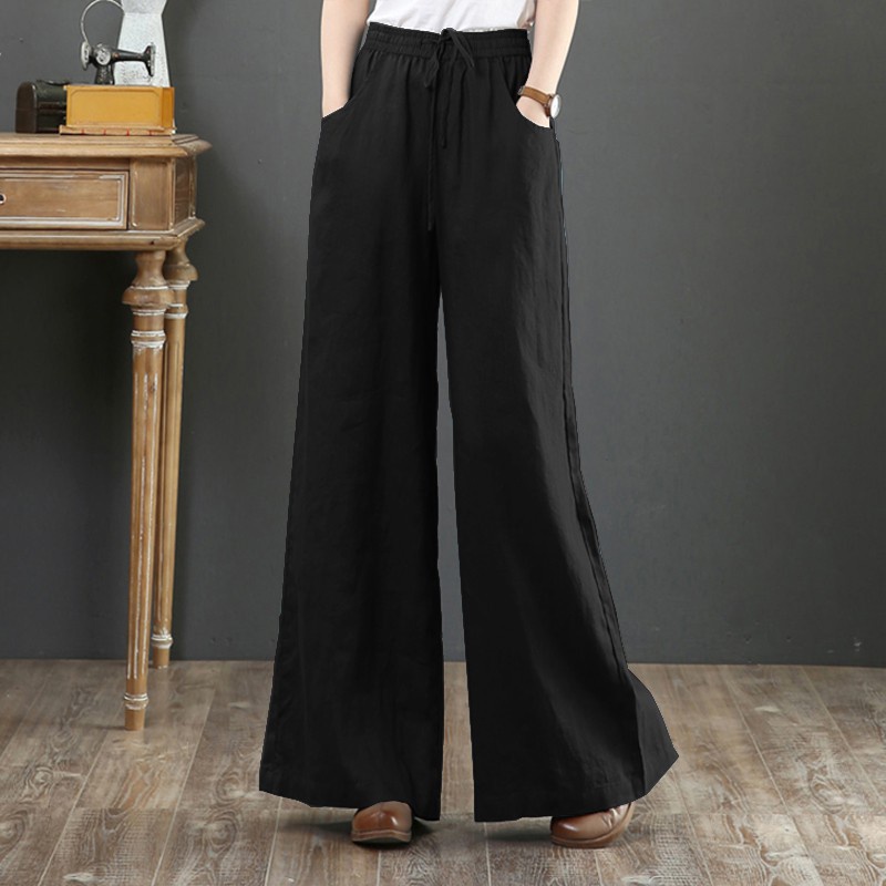 ZANZEA Women Casual Wide Legs Elastic Belted Solid Color Long Pants