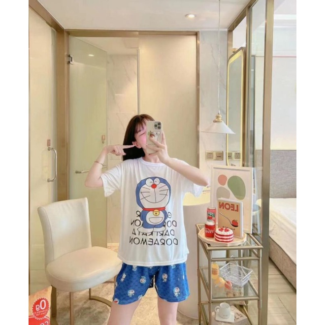MDLV ~ Baju Tidur Set Doraemon White HP Baju tidur Celana Pendek Fashion Import