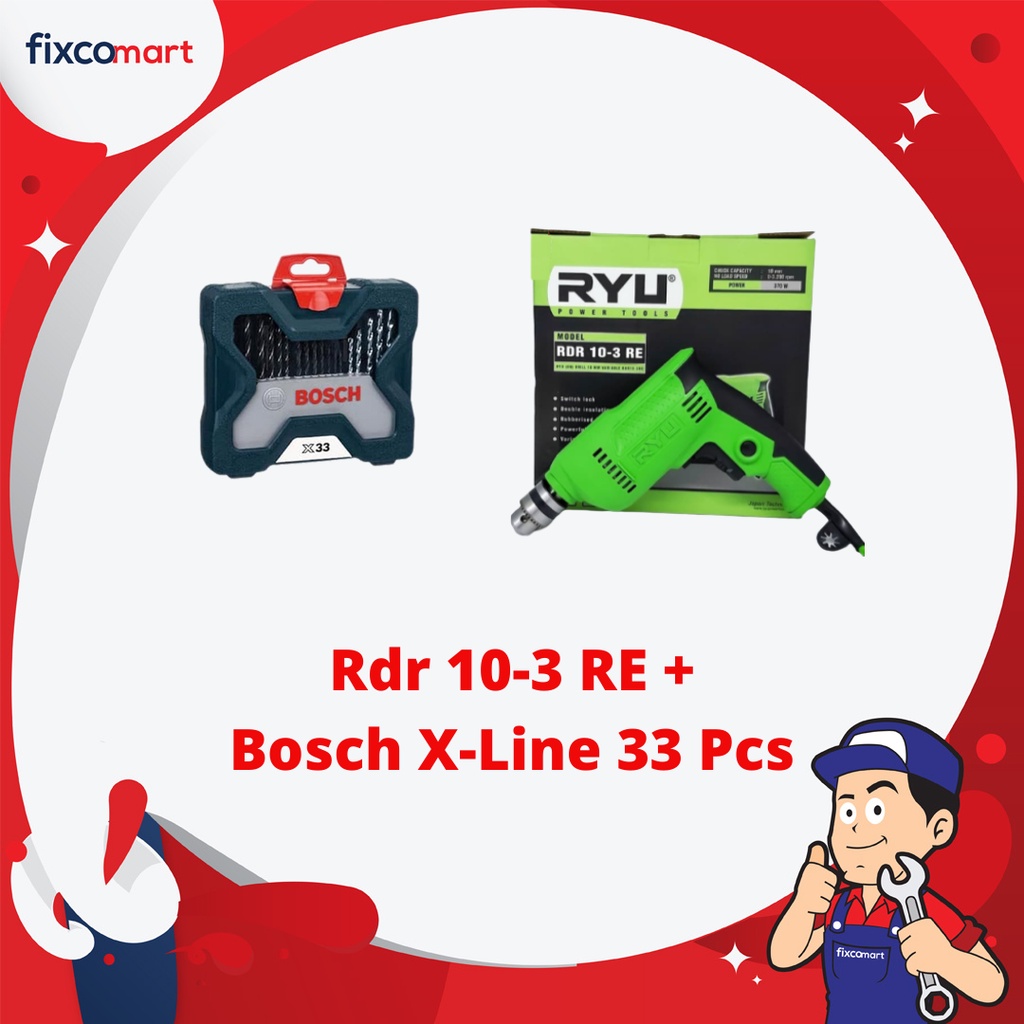 RYU Mesin Bor Tangan 10 Mm Ryu Rdr 10-3 + Bosch Mata Bor Obeng 33 Pcs X-Line