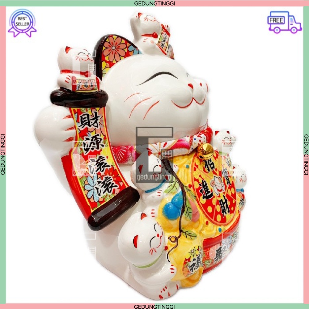 Patung Pajangan Hiasan Dekorasi Boneka Kucing Panggil Rejeki Rezeki Hoki Maneki Neko Maneko Neki ManekiNeko Lucky Cat Keberuntungan Keramik Baterai Batrai Batre Listrik Tangan Goyang Gerak Hias Meja Etalase Toko Kantor Resto Cafe Murah Cina China Jepang