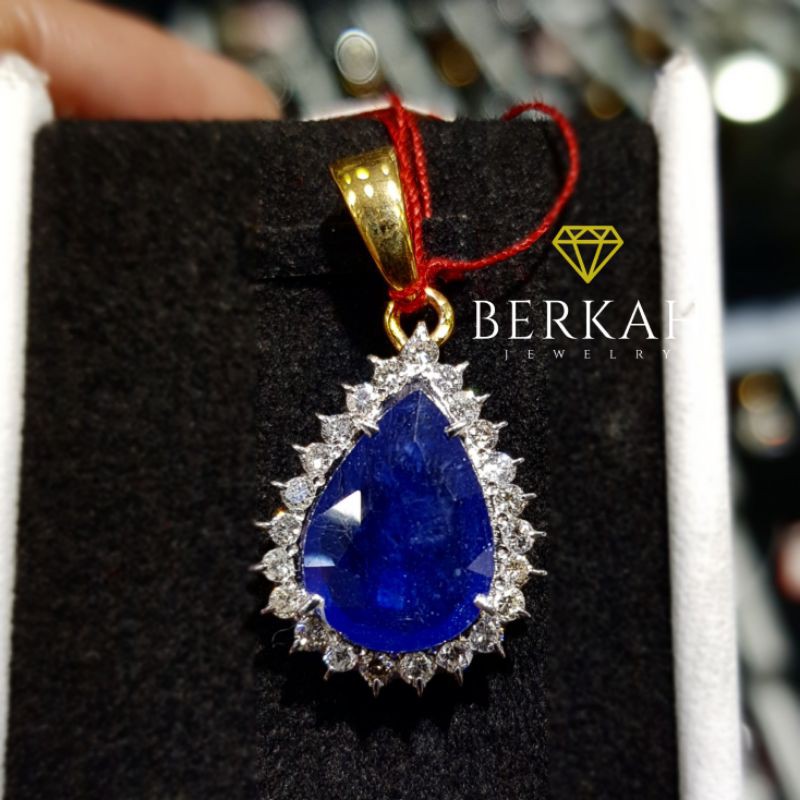 Liontin emas kuning berlian asli natural diamond batu blue safir