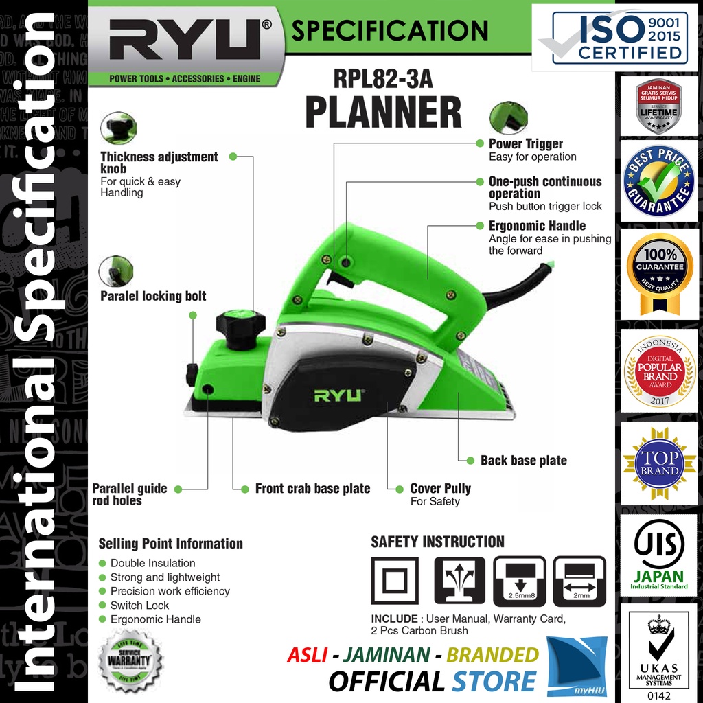 Mesin Serut Kayu 570 watt 82 mm UpTo 2,5 mm Depth Planner RPL82-3A RYU