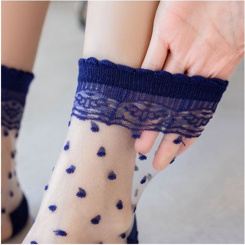 KKT 66-67 Kaos Kaki Korea Transparan Kekinian Motif Renda Polkadot Love