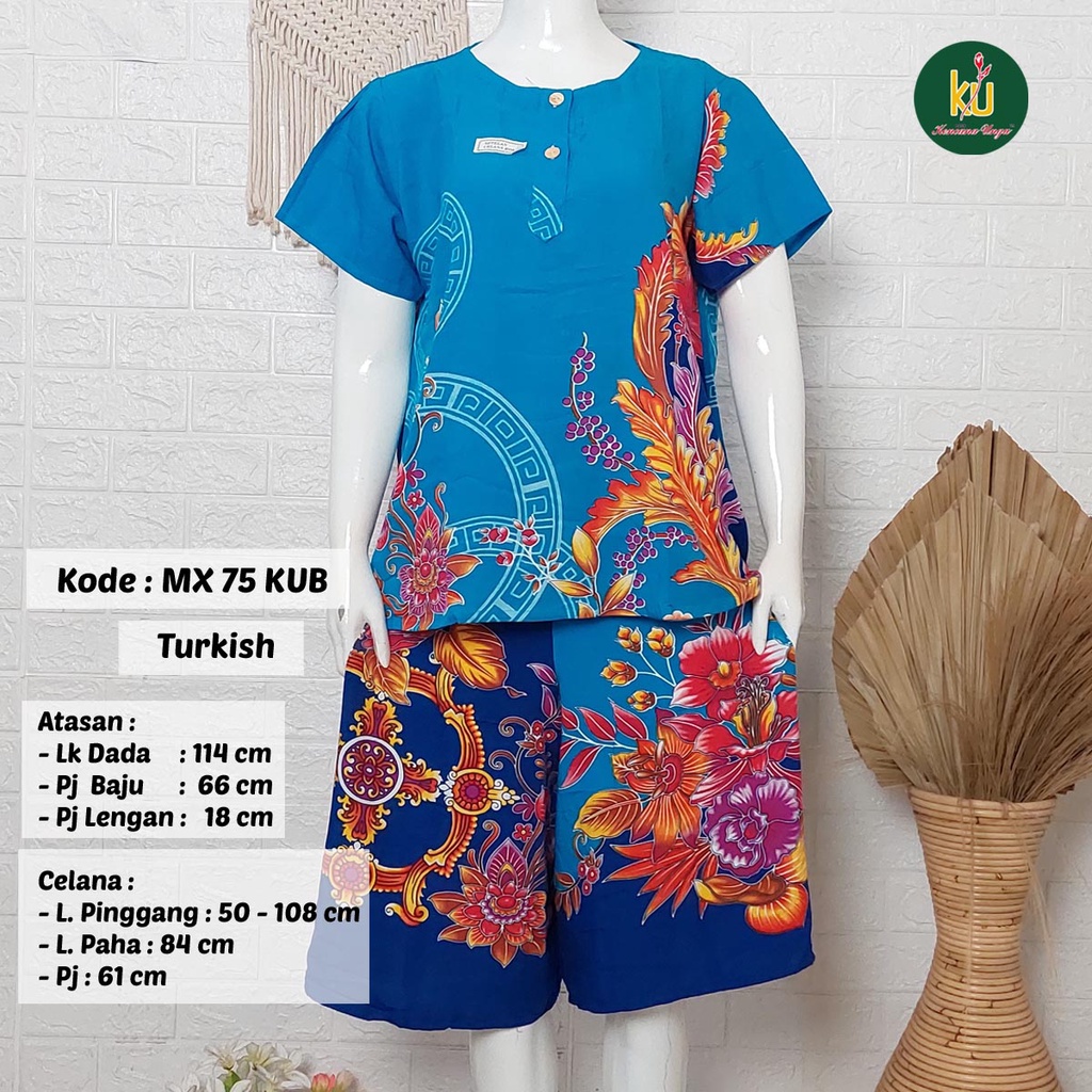 Bisa COD MX75 KUB | Setelan Kulot Celana Pendek Batik Kencana Ungu Asli Label Biru | Baju Santai Piyama Tidur Wanita Kancing Depan Busui Friendly Motif Terbaru-Turkish B