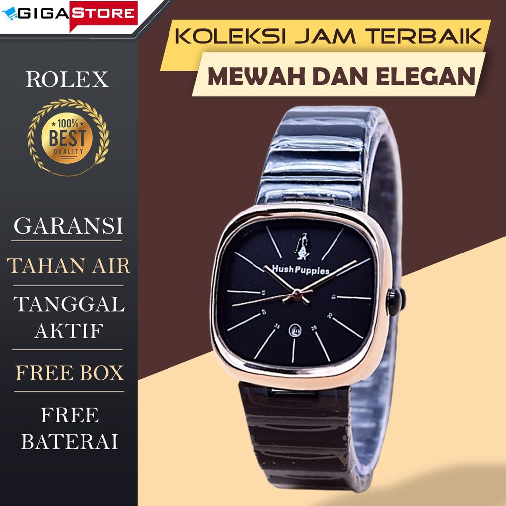 Jam Tangan Wanita Hush Puppies HP H108 Tanggal Aktif Rantai Stainless Anti Tahan Air Fashion Wanita