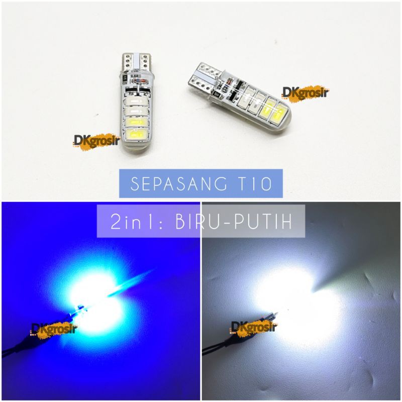 2Buah Lampu LED T10 Jelly 2 Warna Senja Sein Sen Mode Kedip-kedip-Biru-Putih
