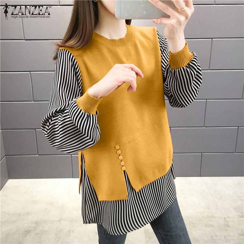 ZANZEA Women Loose Long Sleeve Crew Neck Stripe Patchwork Fashion Blouse