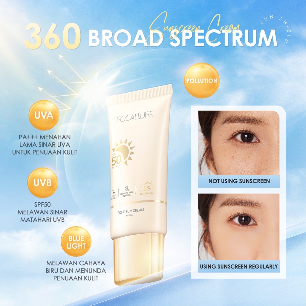 FOCALLURE Sunscreen SPF 50 PA+++ Sunscreen Focallure Sunblock Focallure Sunscreen Gel UVA UVB Blue Light Sun Protector Sunscreen Gel SPF 50 PA+++ Azarine Sunscreen Azarine Sun Screen Azarine Sunblock