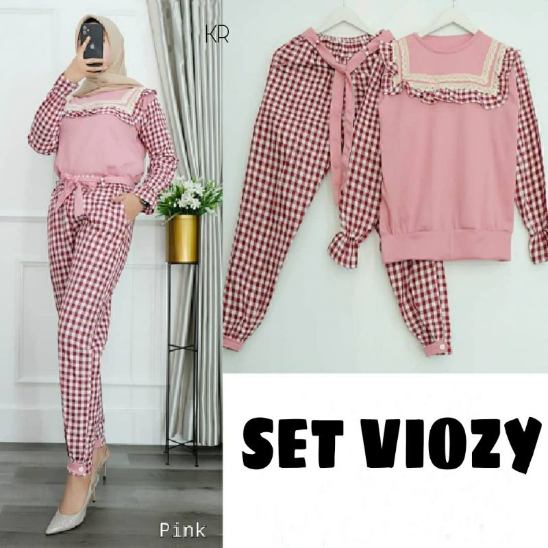 SET CELANA FASHION VIOZY KOTAK KID ANAK / DEWASA,  BABYTERRY KATUN, SETELAN, 2 UKURAN