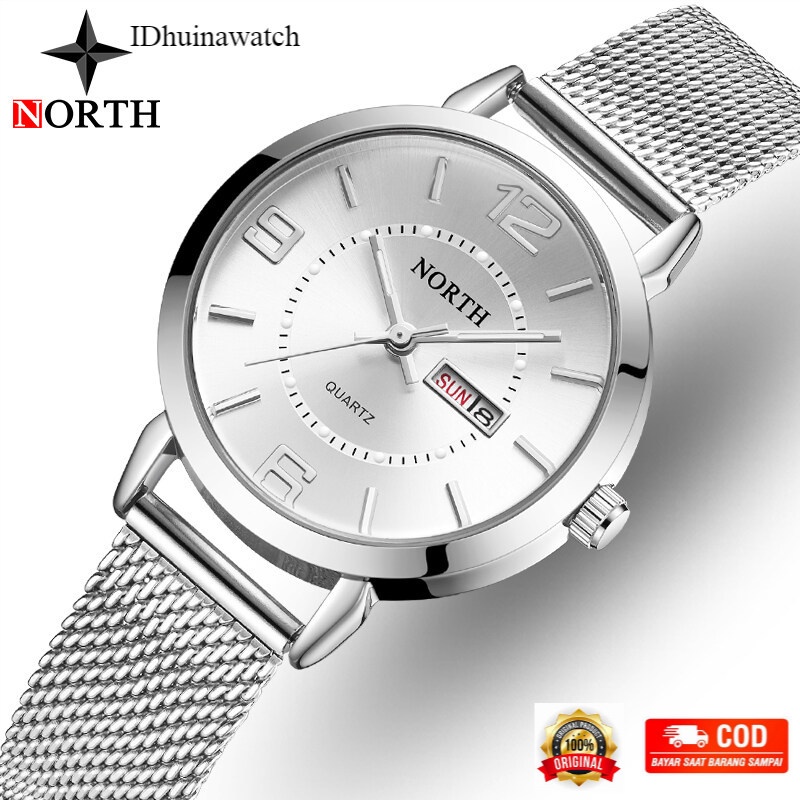 NORTH Top Merek Jam Tangan Wanita Mewah Kuarsa Jala Sabuk Baja Malam Gelap Fesyen Simpel Jam Tanggal