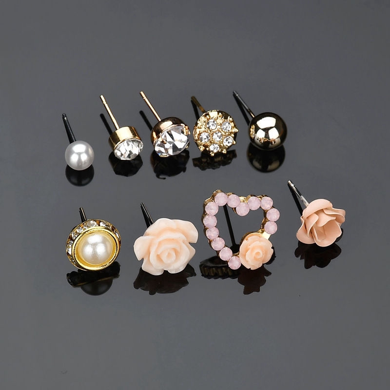 9pasang/set Gadis Mawar Hati Anting Perhiasan Elegan Wanita Fashion Mutiara Bunga Kristal Studs