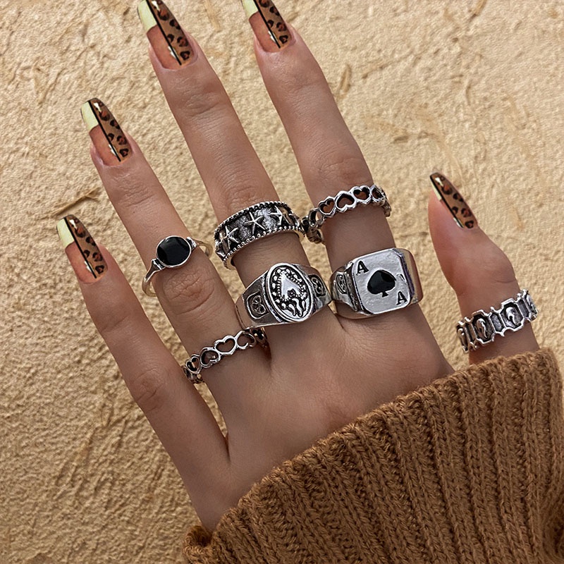 COD 7 Pcs Tidak Teratur Cincin Wanita Retro Pria Vintage Jari Cincin Jantung Trendi Pria Kepribadian Sekop Lebar Gaya Punk/Multicolor Cincin Set