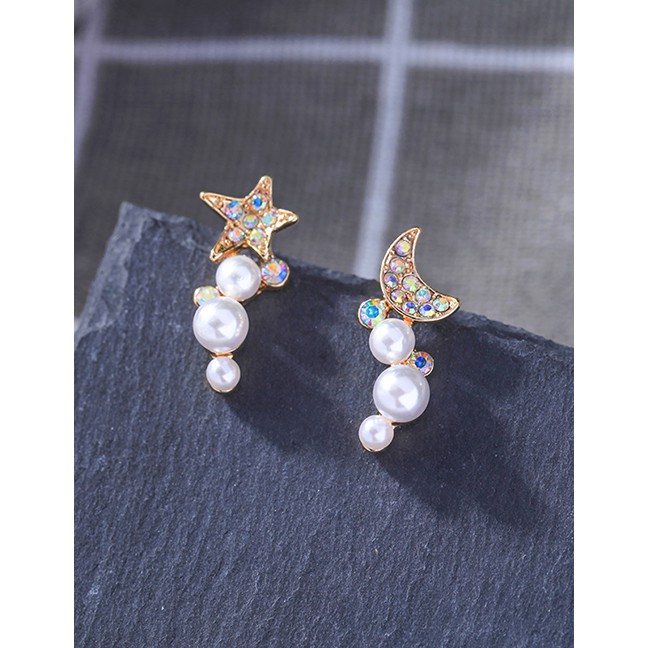 LRC Anting Tusuk Fashion Gold Hollow Star Moon Artificial pearl Earrings D37756