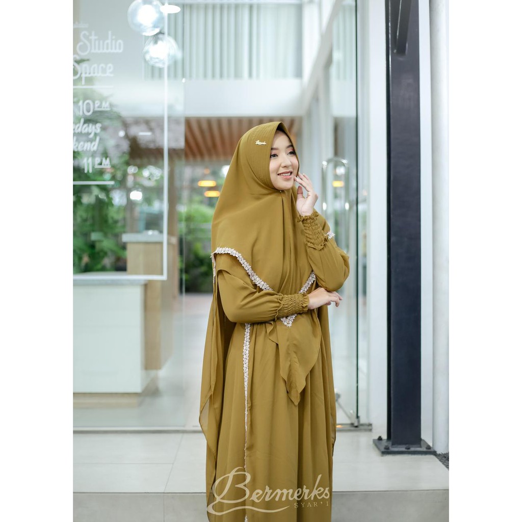 Gamis ceruty bermerks BETARI renda coklat 2 layer set khimar original ceruti muslim