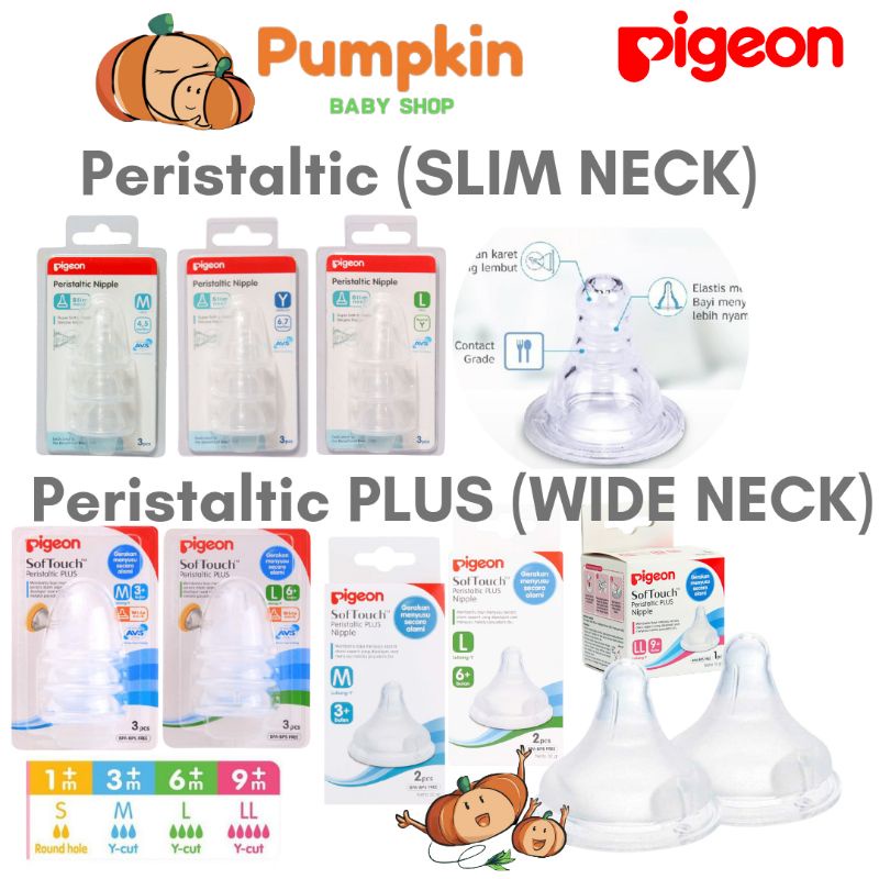 Pigeon Peristaltic Plus Wide Neck Nipple S,M,L / Dot Pigeon Peristaltic M-Y / Nipple Pigeon