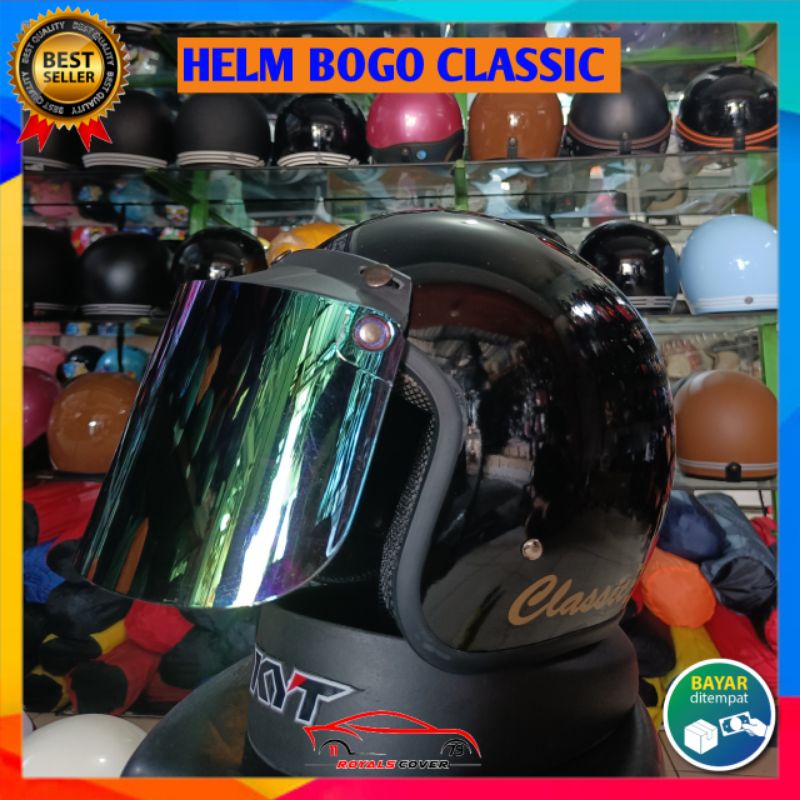 HELM BOGO DEWASA CLASSIC KACA DATAR INJAK HITAM BENING KUALITAS PREMIUM MURAH HARGA GROSIR UNTUK PRIA DAN WANITA COD