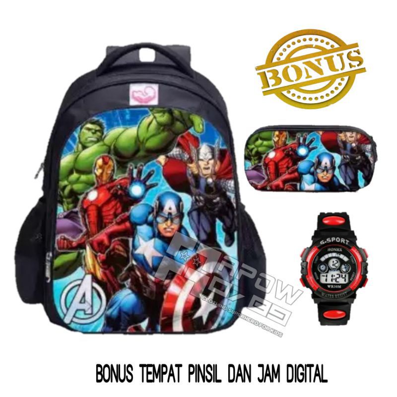 Tas ransel anak laki-laki karakter superhero gratis tempat pinsil jam tangan - tas anak