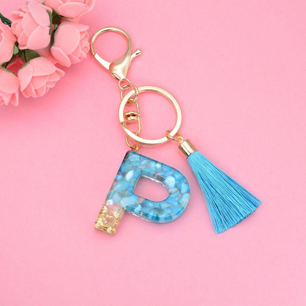 NEEDWAY 26huruf Gantungan Kunci Resin Fashion Biru Rumbai Liontin Ornamen Perhiasan Kristal Alfabet Key Chain