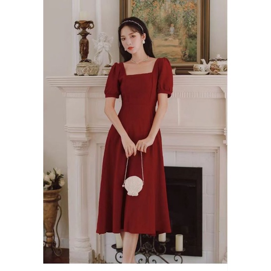 [MikanHiro Store]square neck temperament over the knee red dress women's summer 2022 new western style retro this year's most popular skirt