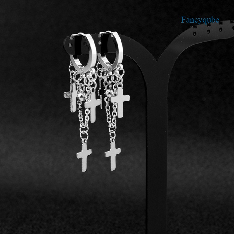 Fancyqube Anting Tindik Palsu Bahan Stainless Steel Bentuk Salib Aksen Rantai Rumbai Untuk Pria Dan Wanita