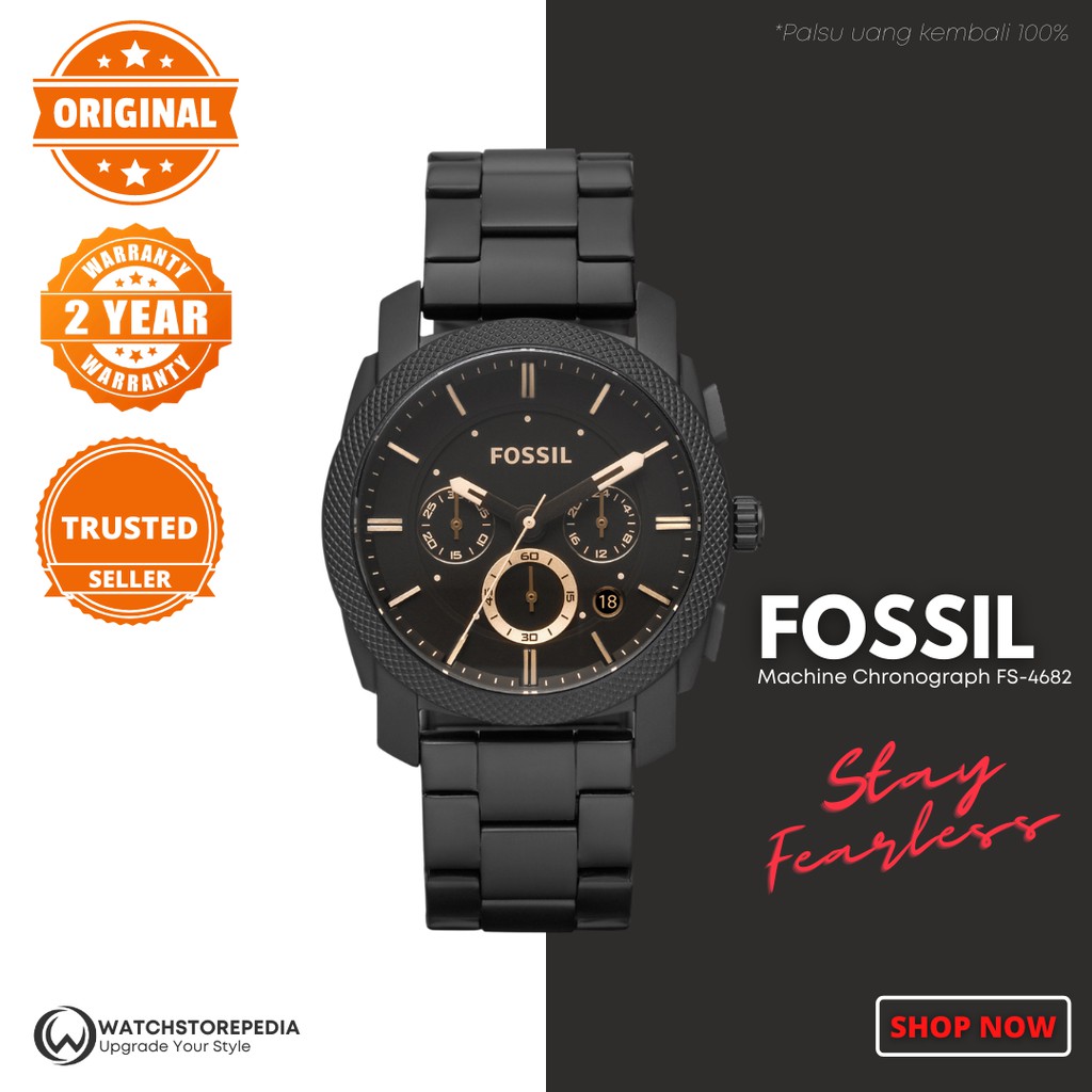 Jam Tangan Pria Fossil Machine Chronograph Black Leather Strap Fossil FS-4682 Original Bergaransi